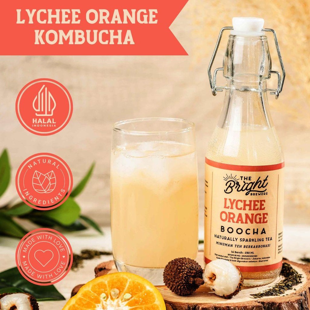 

Orange Lychee Kombucha 250 ML The Bright Brewers Teh Fermentasi Leci