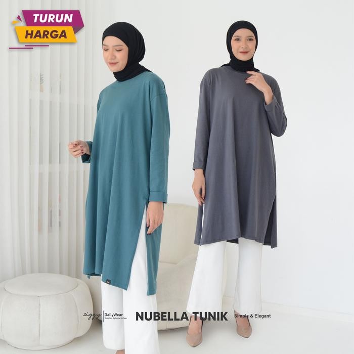 Pilihan- Nubella Long Tunic Oversize Jumbo Kaos Polos Atasan Wanita Muslim Panjang Bahan Katun