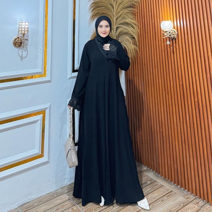GALERI SICANTIK - COD - Gamis Abaya Hitam Polos Renda Tangan Busui Bahan Jetblack Terbaru