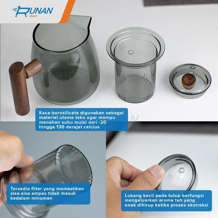 Teko Teh Kaca Infuser Tahan Panas Gagang Kayu Teko Saringan Teh