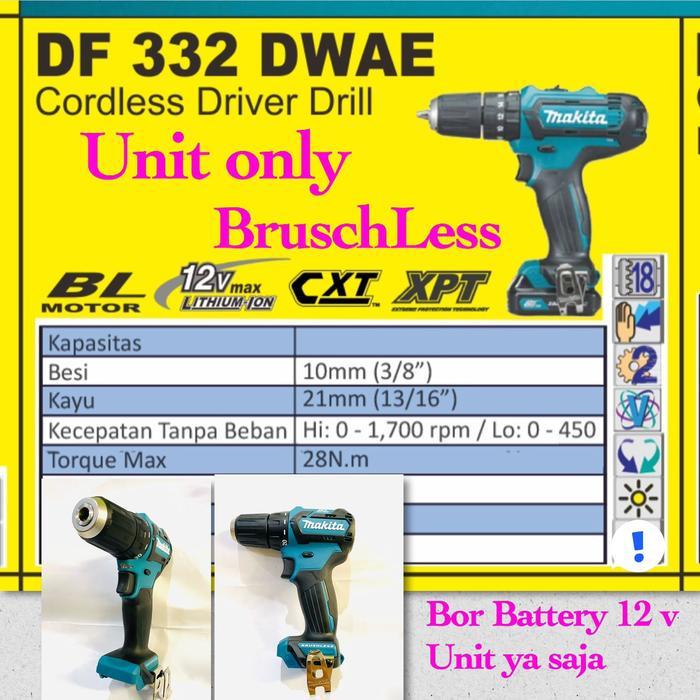 Mesin Bor Baterai 12V DF 332 DWAE / Cordless BRUSHLESS  UNIT ONLY