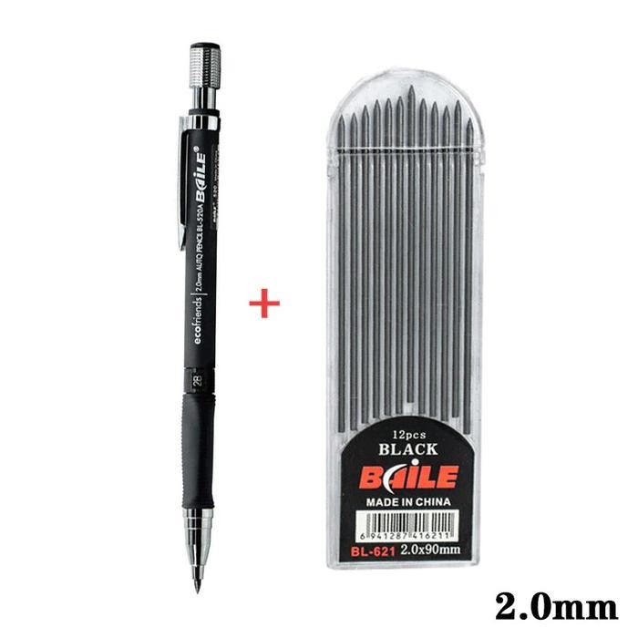 

Pensil Mekanik + Refill 2mm isi 12 Leads Mechanical Pencil 2B Set - Black