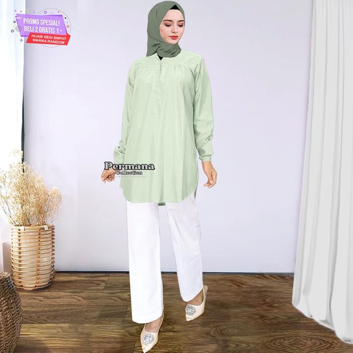Atasan Blouse Wanita Jumbo Busana Muslim Lengan Panjang Hijau Mint Rayon Nyaman Santai Viscose Baju