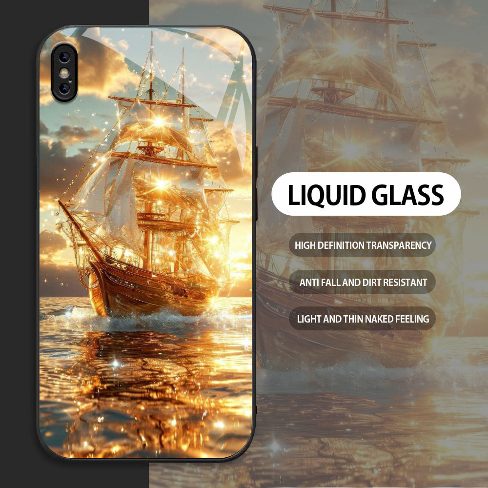 For Apple iPhone X XR XS MAX Casing Handphone ‌ Pola Kapal Emas Glass kesing Phone Case edge Silicon
