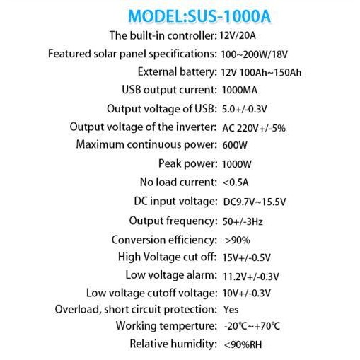 SUOER POWER INVERTER 1000WATT + SOLAR CONTROLLER CHARGER SUS 1000 TERLARIS