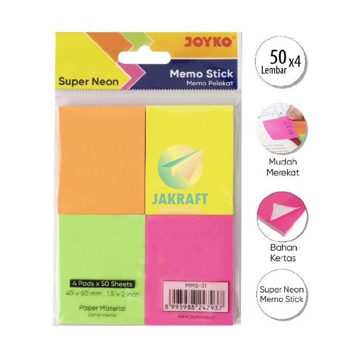 

New (200 Lembar) Kertas Memo Tempel Super Neon JOYKO MMS-31 Sticky Note 4 Warna (4 x 5 Cm)