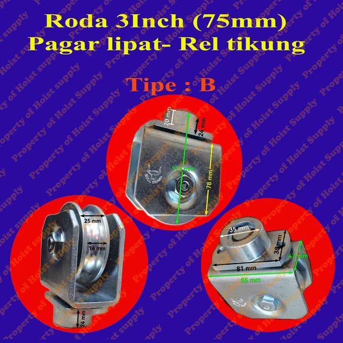 Roda pagar pintu sliding Bull Brand 3 inch (7,5cm) rel tikung-belok