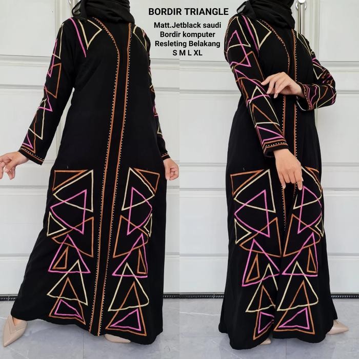 abaya gamis hitam bordir triangle jetblack