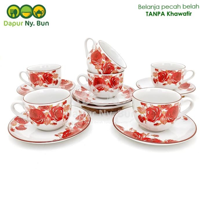 FCR0  Cangkir Set Tatak Alas Motif Double Rose Isi 6 Pasang