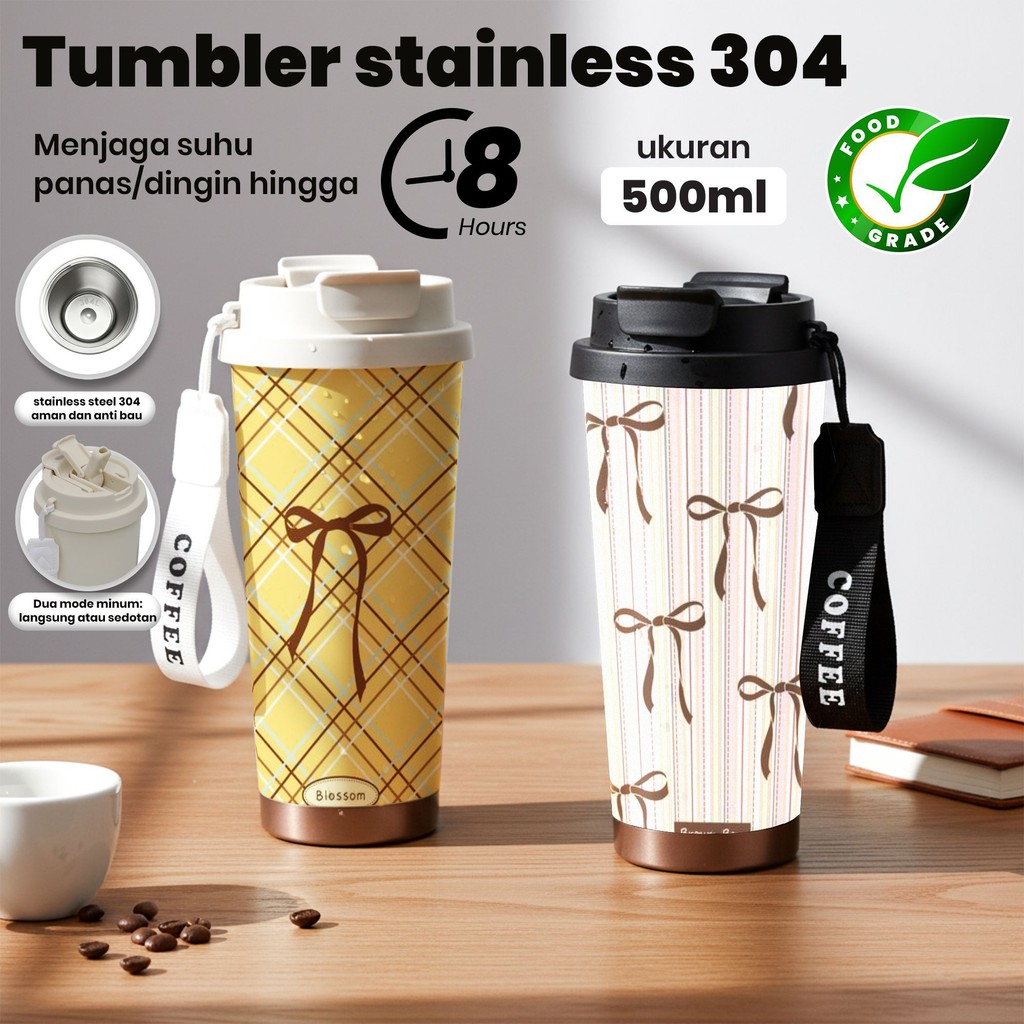 Tumbler Stainless Steel 304 Botol Minum Kapasitas 500ml, Menjaga Suhu Panas/Dingin Hingga 8 Jam, Des