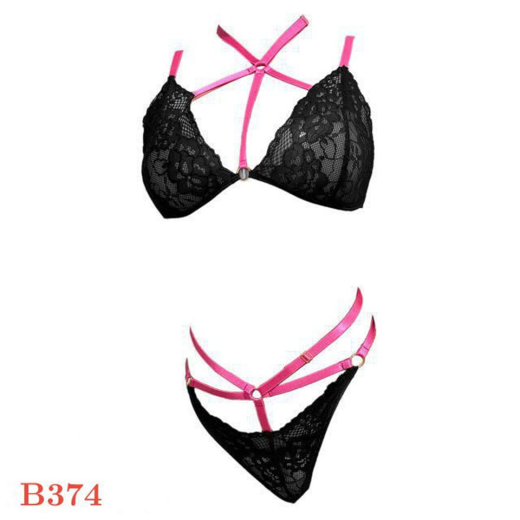 B374 - Bra Set Bralette Hitam Transparan Celana Dalam Tali Magenta