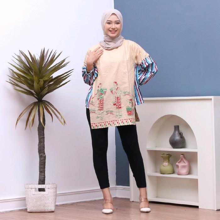 Blouse atasan wanita batik modern oversize, motif tejo lurik buat kerja kantor terbaru terlaris