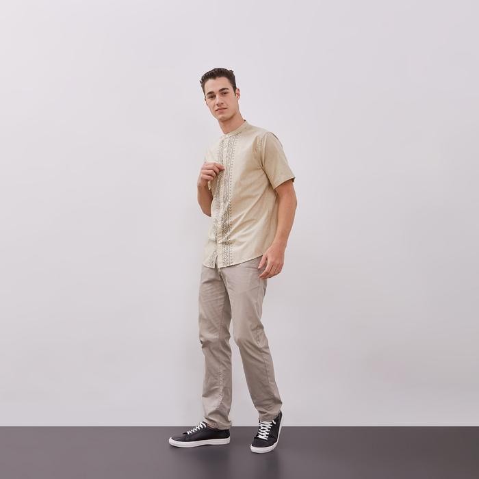 CLE Baju Koko Lengan Pendek Pria Premium Reguler - Katun Cream Bordir Motif - Pakaian Muslim Pria