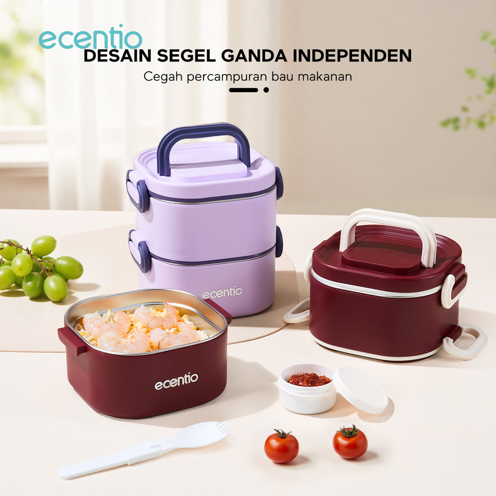 [2pcs set]ecentio Kotak bekal bulat stainless steel Double layer 650ml+650ml Lunch box Wadah makan B