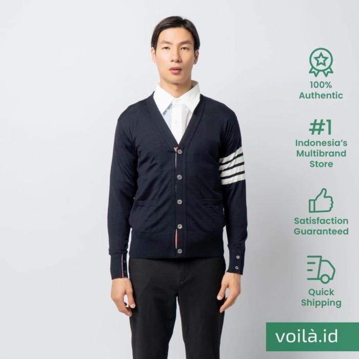 ASLI Voilaid Thom Browne Fine Merino Wool V-Neck 4-Bar Cardigan Navy - MKC002AY1014415 READY STOCK