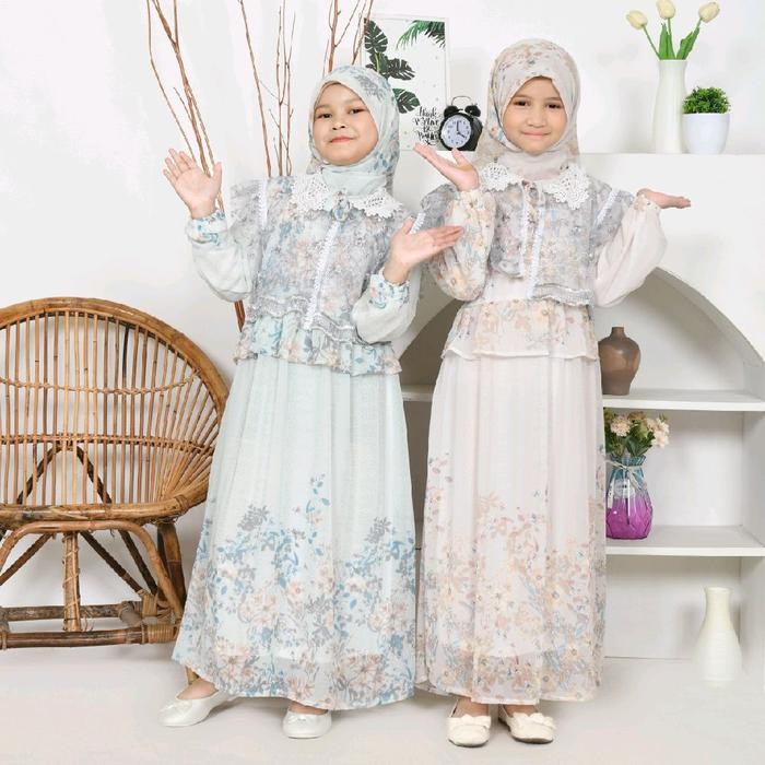 2pt5- Sinarbarukids Gamis Anak Perempuan Raena Ceruty Motif Bunga + Rompi Tile Free Jilbab