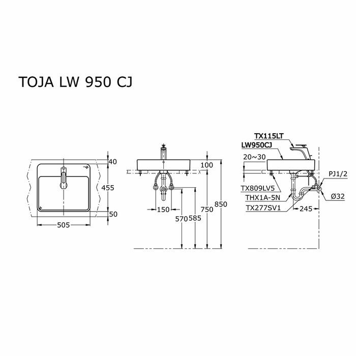 Wastafel Toto LW 950 CJ / LW950CJ Full Set Kran Dingin TX109KEA