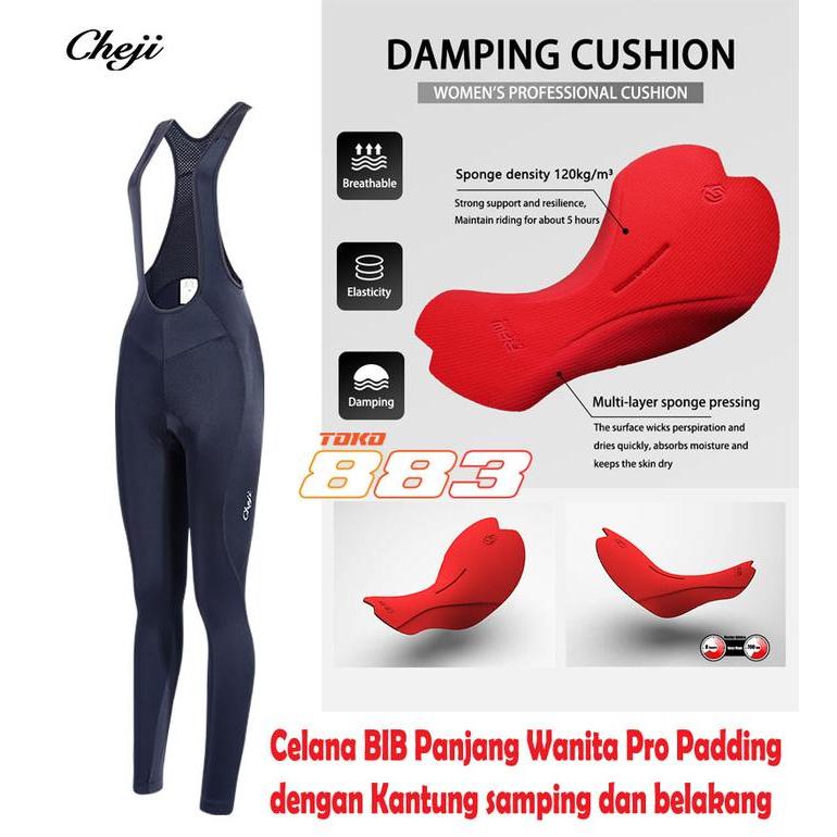 CHEJI Celana Sepeda BIB Panjang Wanita Kantong - Pro Padding - Phillo