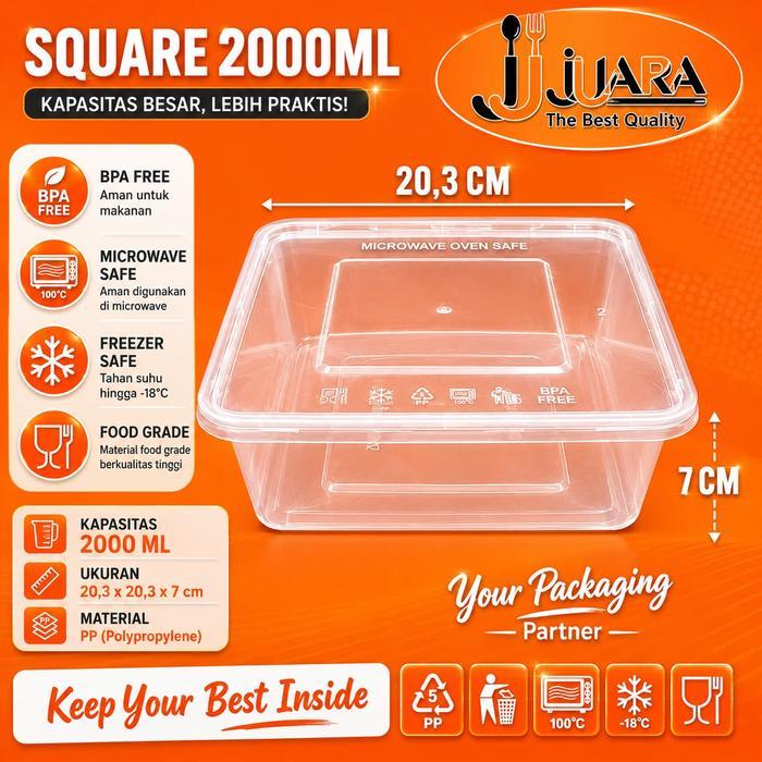 Thinwall Kotak Makan Plastik 2000Ml Sq Food Container / Box Microwave Persegi / Square Pasti Promo