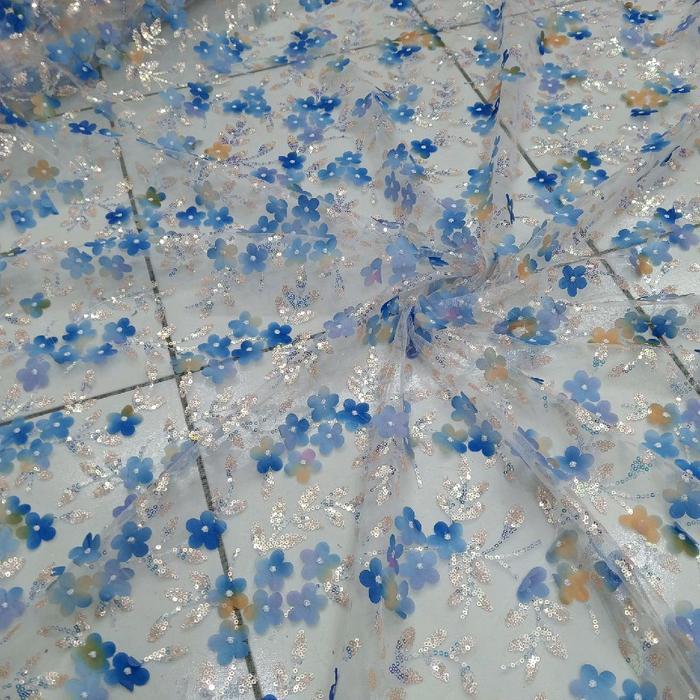 BAHAN KAIN TILE BUNGA 3D TIMBUL PAYET PELANGI TILE BUNGA ORGANZA TIMBUL KABAYA DRESS