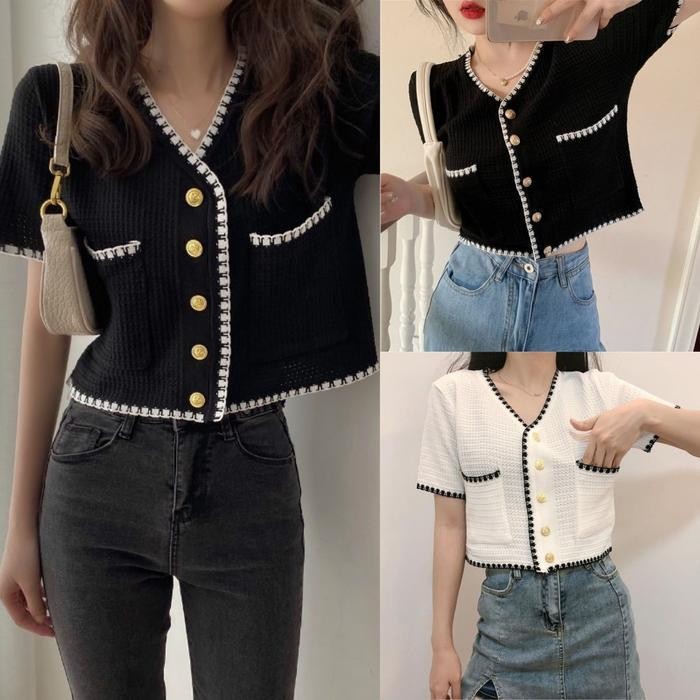 ONEFASHIONMALL SL007 Atasan Crop Top Kardigan Rajut Wanita Lengan Pendek Panjang Ada Kancing Outer