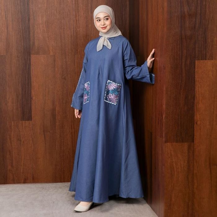 Lozy Hijab - Irish Dress Denim (Abaya Dress Flower Embroidery Bahan Denim)