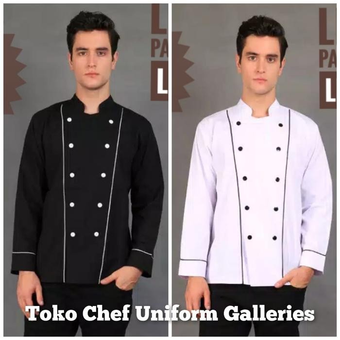 Chef Uniform Seragam Koki Lengan Panjang List Hitam Premium Quality