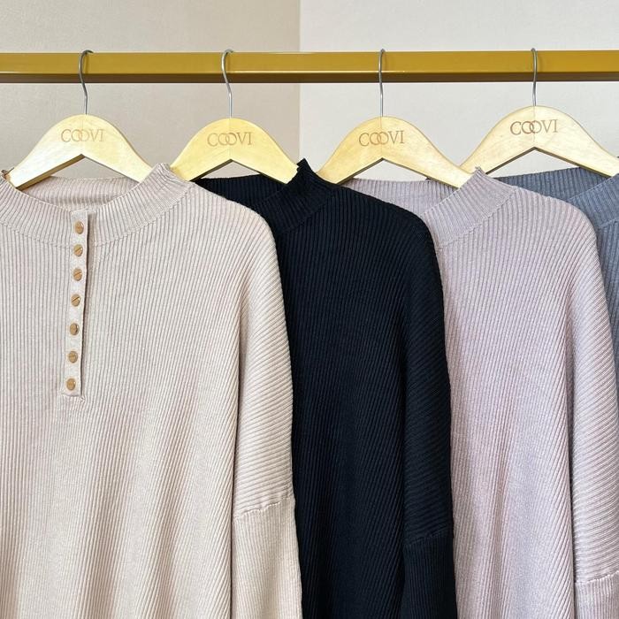 COOVI Folly Tunik Oversize Gold Button - Atasan Tunik Wanita Lengan Panjang Polos Knitwear Rajut