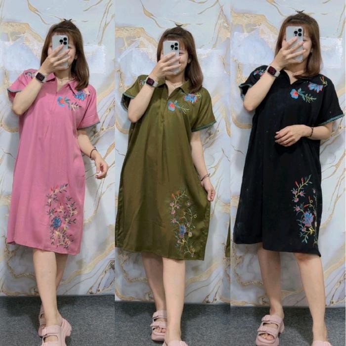 080j- Sheila Dress Bordir Rayon Twill Motif Kerah Busui Midi Wanita Santai Tangan Pendek