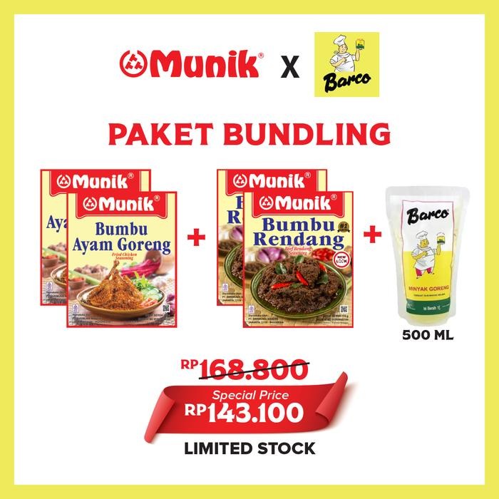 

Stok Baru Paket Bundling 2 Bumbu Munik Ayam Goreng + 2 Bumbu Rendang Free Minyak Barco 500 ml