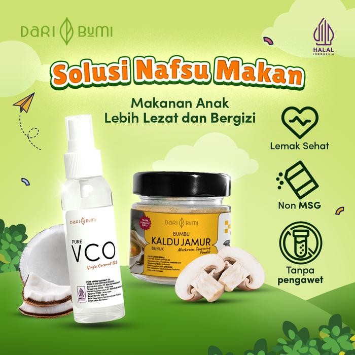 

Dari Bumi Paket Bundling Kaldu Jamur Bubuk 80 Gram dan Virgin Coconut Oil 100 Ml Spray x BM FARM