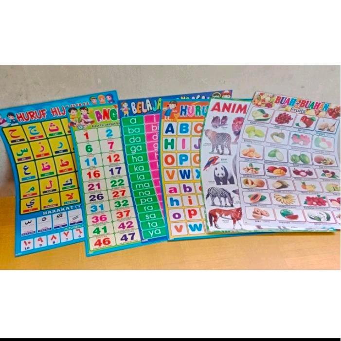 

New paket 6 poster edukasi umum ( huruf, angka, hewan, membaca, buah, hijaiyah)