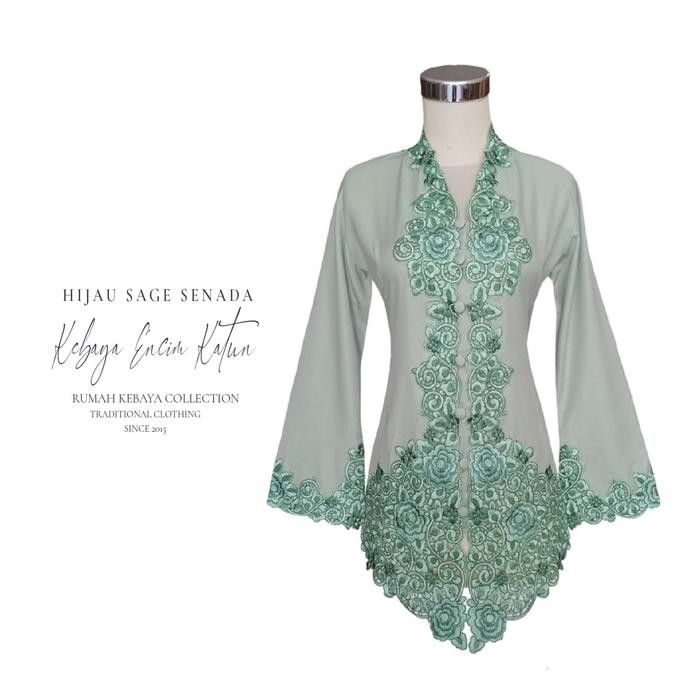Kebaya Encim Kartini Katun Bordir Modern Hijau Sage Lengan Panjang