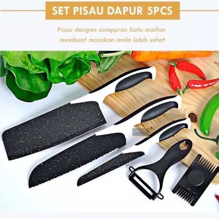 Set pisau dapur 5pcs /Pisau Dapur + Peeler Hitam/Pisau Dapur premium