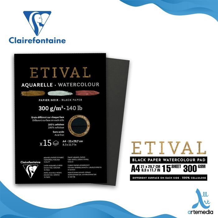 

Clairefontaine Etival Watercolour Pad Black Paper A4 300gsm Kertas Cat Air Warna Hitam Acid Free 15