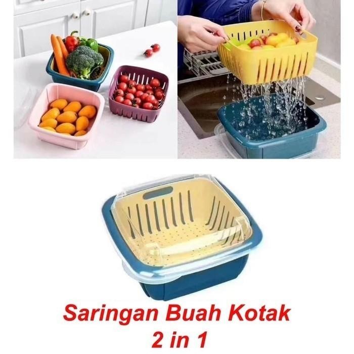Baskom Keranjang Saring 2 Lapis 2 Tiris Cuci Sayur Buah Dengan Tutup