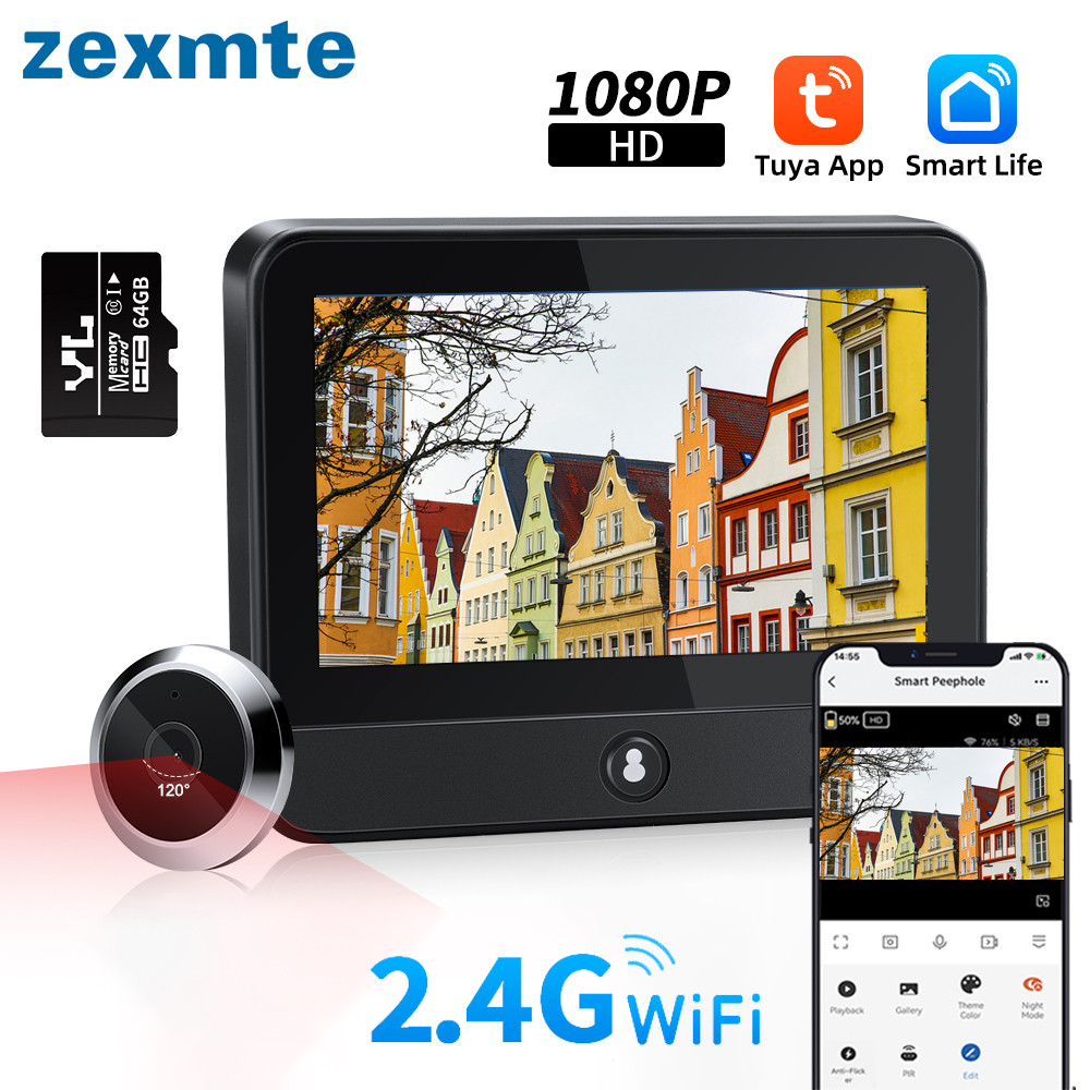 Zexmte Tuya Doorbell Camera WiFi Video Intercom Wireless Door Bell Smart Home 4.3inch PIR Night
