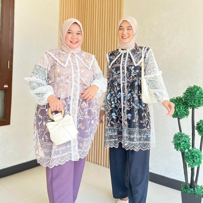 Reya Set JUMBO Outer Brokat Mewah Oneset (Atasan Outer Tunik dan Bawahan Celana Kulot) by eshantai