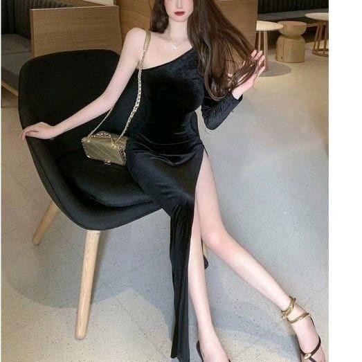 2731 Longdres Oneshoulder Sexsy Panjang Bludru Velvet Pesta No Belt Formal Wanita #Gratisongkir
