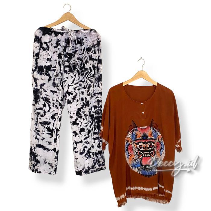 Deccy.Id - Setelan One Set Celana Panjang Wanita Motif Barong Bali Polos Tie Dye Pasti Promo