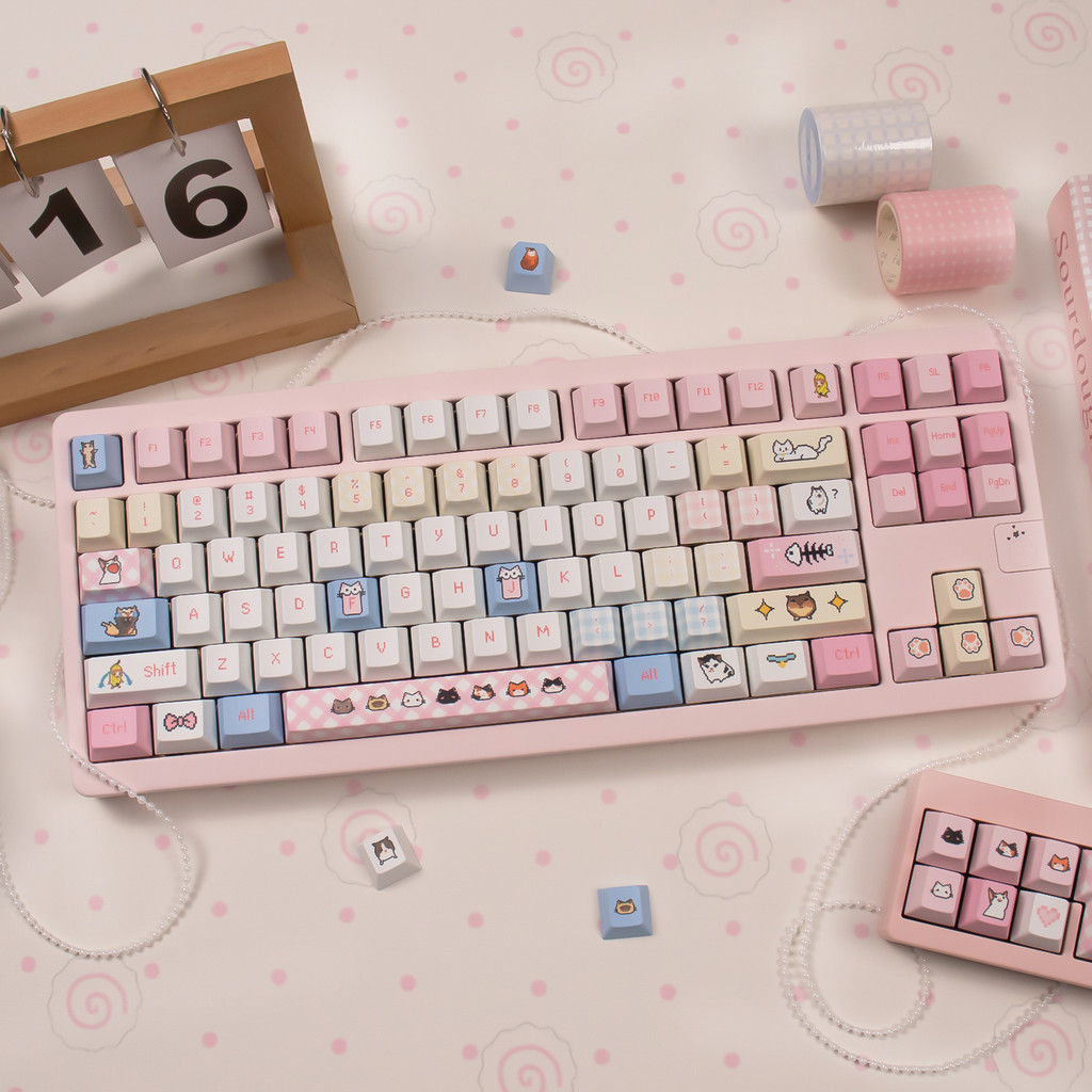 Pink kitten Keycaps Dye-sub Cherry profile PBT keycaps set Emojis keycaps sets For MX 61/68/96/104