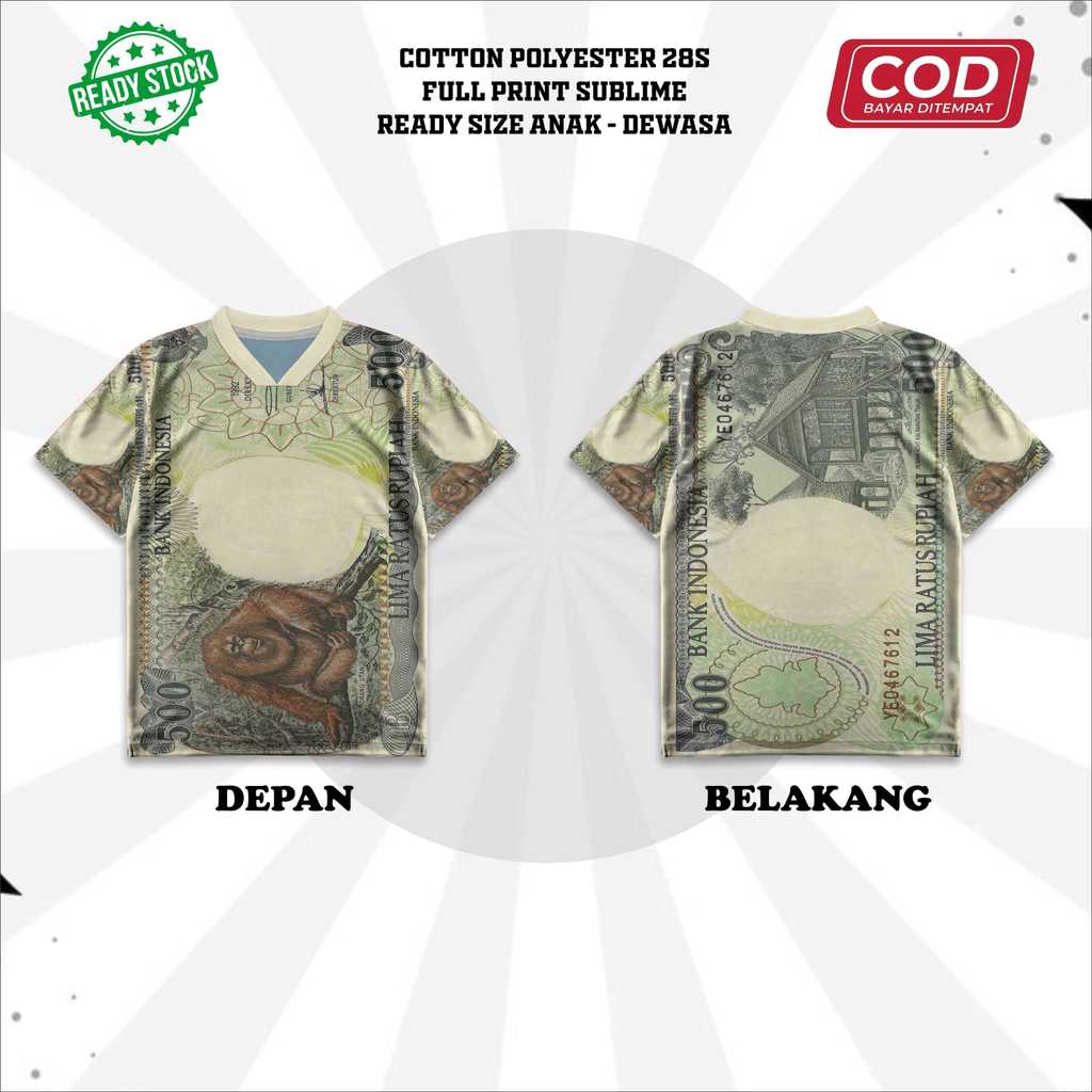 Kaos Jersey Motif Uang 500 Lima Ratus Monyet Jadul Baju Sport Duit Gambar Unik Full Printing Sublim 