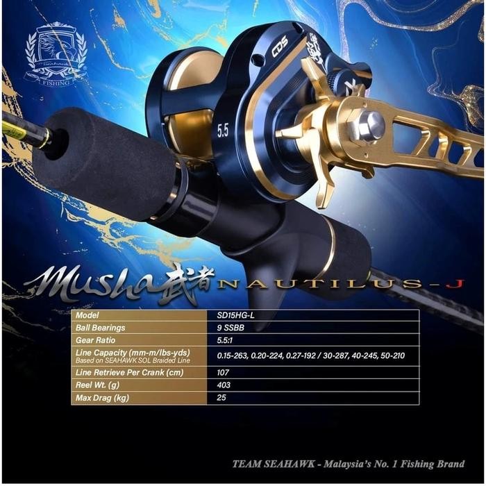 Team Seahawk Musha Nautilus J SD15HGL Star drag Reel pancing OH overhead FREE senar PE Japan