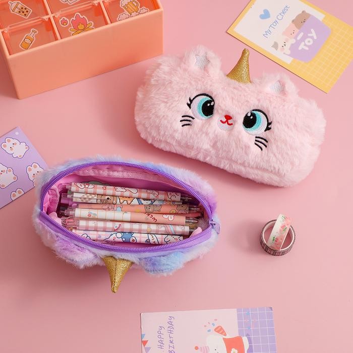 

PENCIL CASE UNICORN FUR POUCH TEMPAT PENSIL BULU ANAK RESLETING TAS
