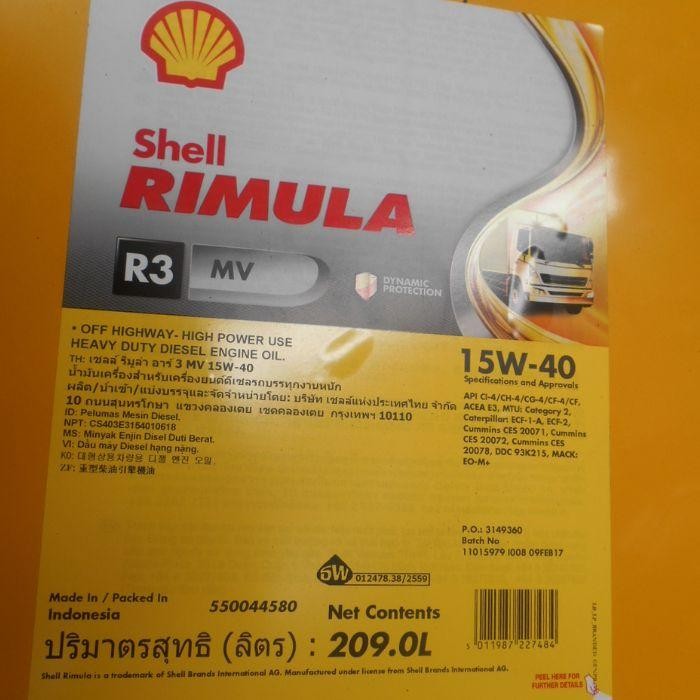 OLI SHELL RIMULA R3 MV 15W-40 / 209 LITER