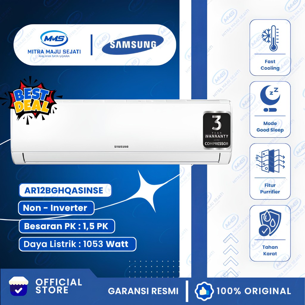 AC Samsung 1,5 PK Standard AR12BGHQASINSE – Cepat Dingin, Hemat Listrik & Udara Merata