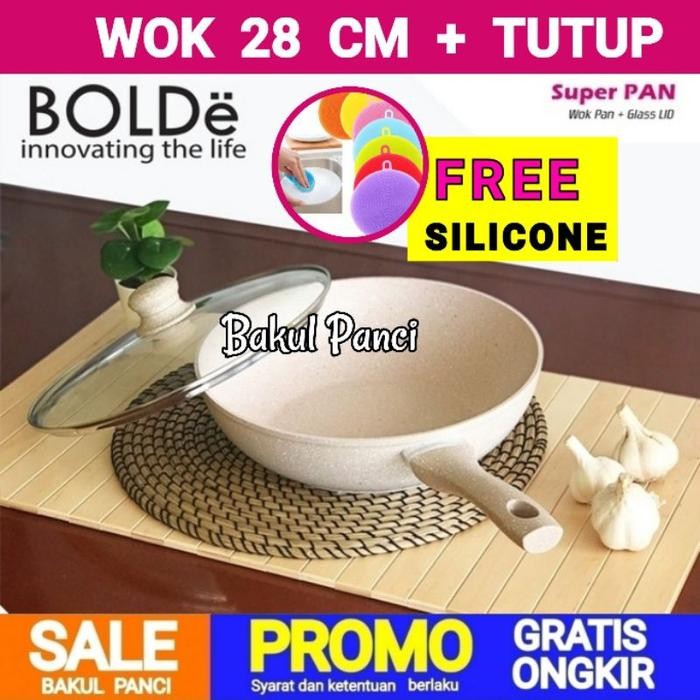 BOLDe SUPER PAN WOK ( WAJAN ) 28 cm + Lid TUTUP KACA, Granite Beige