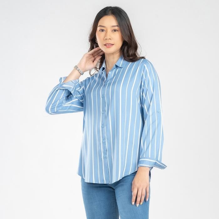 TERMURAH C2 Flemin Blue Kemeja Casual Wanita Lengan Panjang Motif Garis READY STOCK