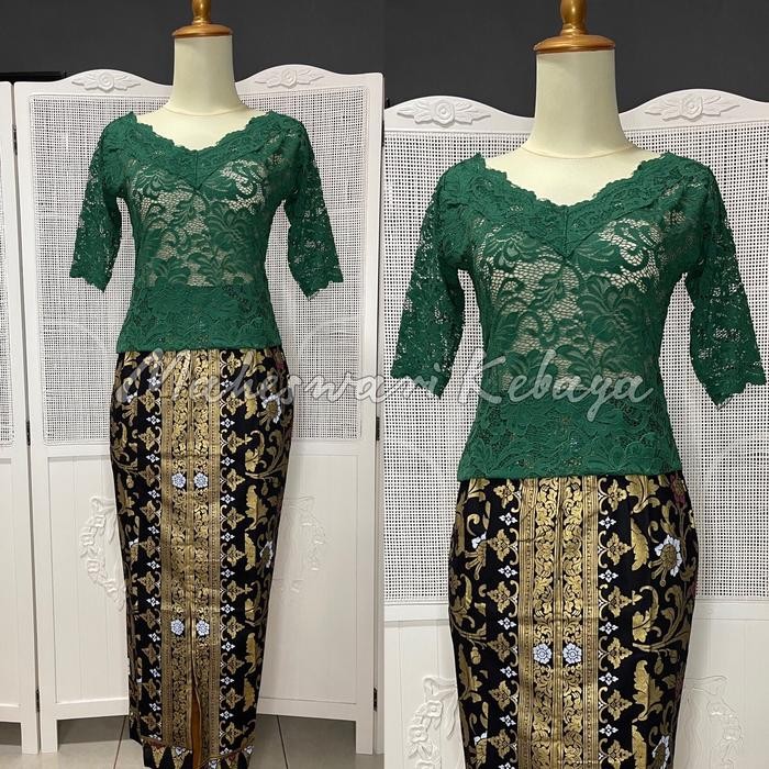 SIAPKIRIM Kebaya Bali Set Brukat Sabrina Pendek Hijau Botol Rok Panjang READY STOCK