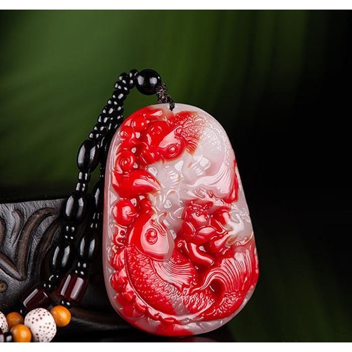LIONTIN IKAN KOI GIOK BATU MERAH PUTIH - RED WHITE PISCES SYNTHETIC JADE SIMPLE PENDANT NECKLACE